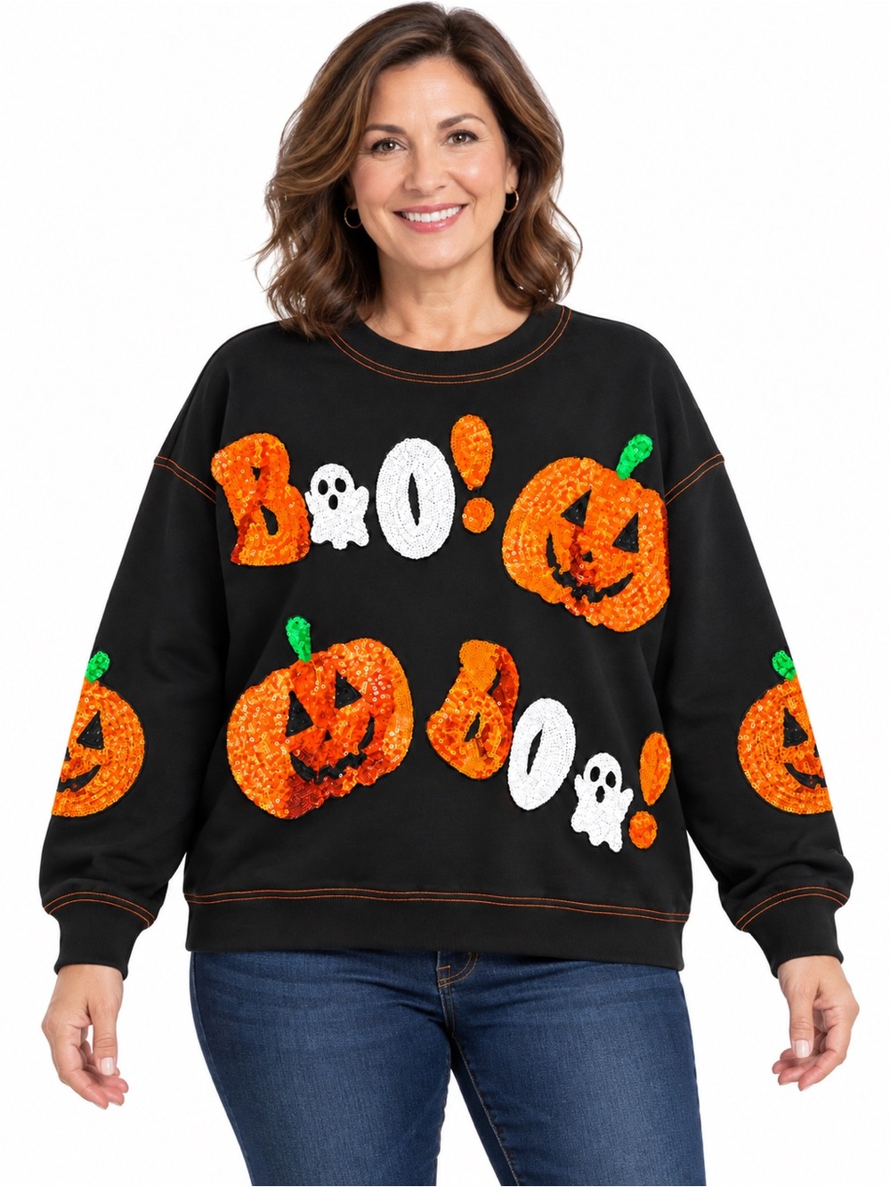 Sequin Pumpkin "Boo!" Black Halloween Sweatshirt